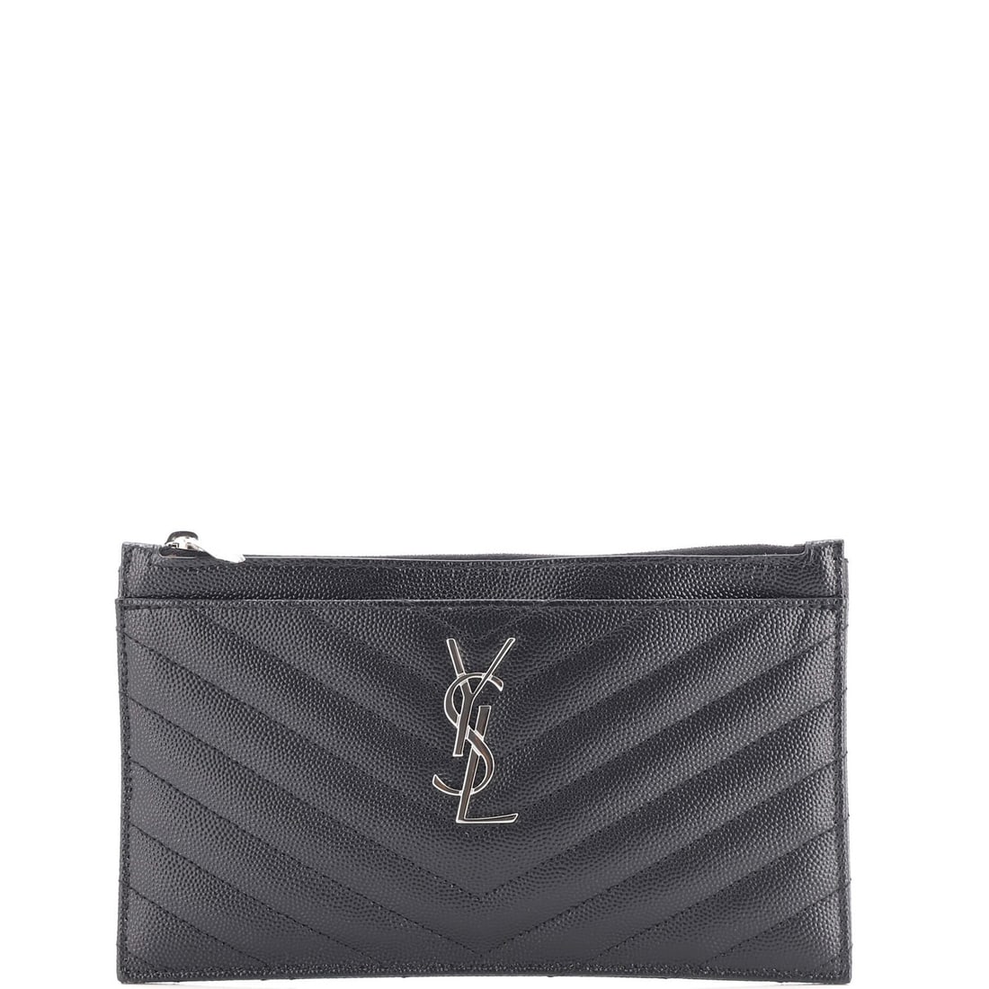 Saint Laurent Classic Monogram Leather Chevron Bill Medium Matelasse Zip Pouch: Saint Laurent Classic Monogram Leather Chevron Bill Medium Matelasse Zip Pouch This Saint Laurent Classic Monogram Leather Chevron Bill Medium Matelasse Zip Pouch boasts a sleek, all-black design