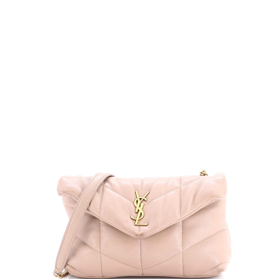 Loulou puffer quilted leather bag shoulder Saint Laurent small: Loulou puffer quilted leather bag shoulder Saint Laurent small Small Saint Laurent Loulou Puffer Shoulder Bag with Quilted Leather Exterior in Neutral Color, Featuring Gold Hardware and Black Fabric