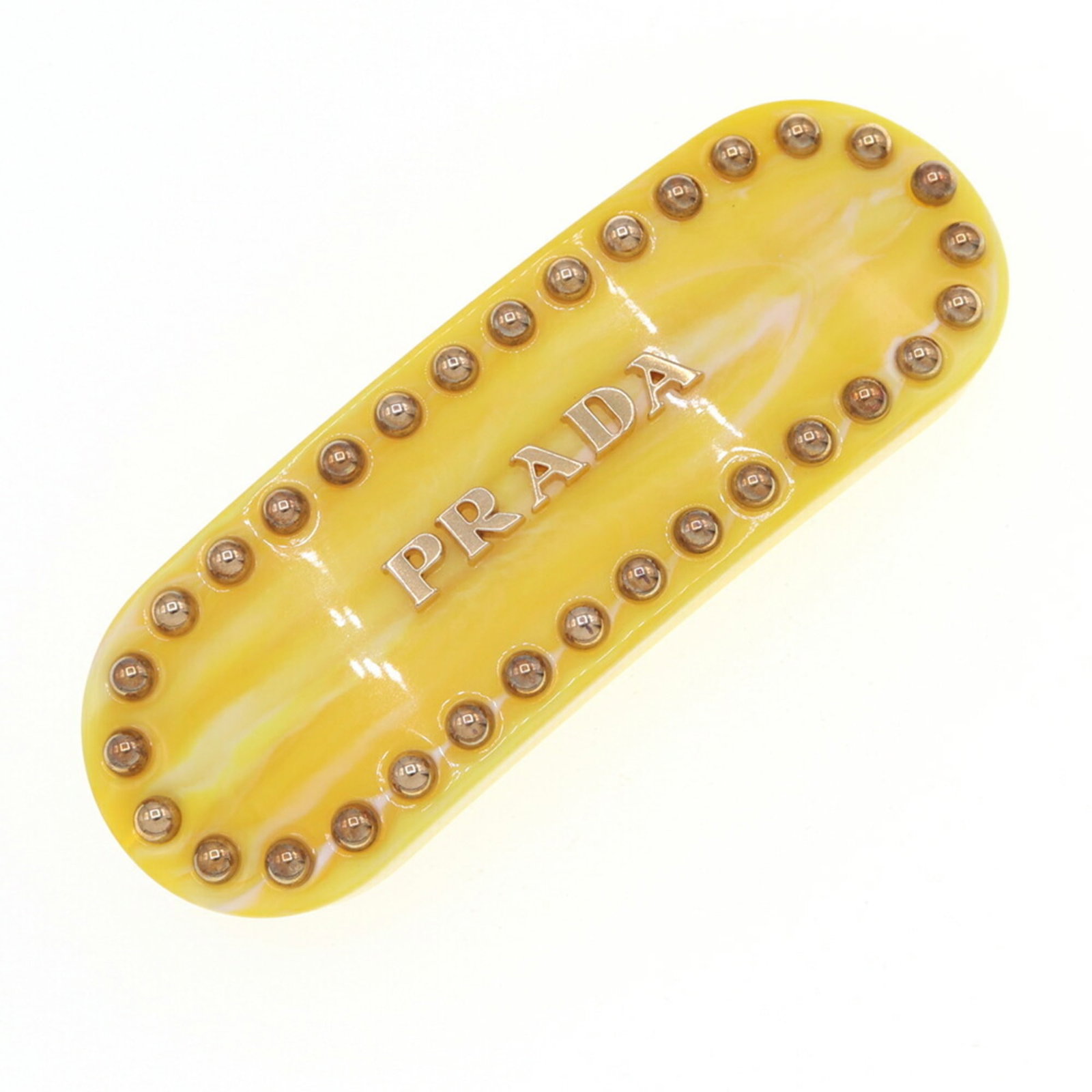 Plastic Metal Prada Barrette: Plastic Metal Prada Barrette Yellow Plastic Metal Prada Barrette in Original Box and Dust Bag. This Prada barrette combines metal and plastic materials in a bright yellow color, measuring 2.4cm x 7cm.