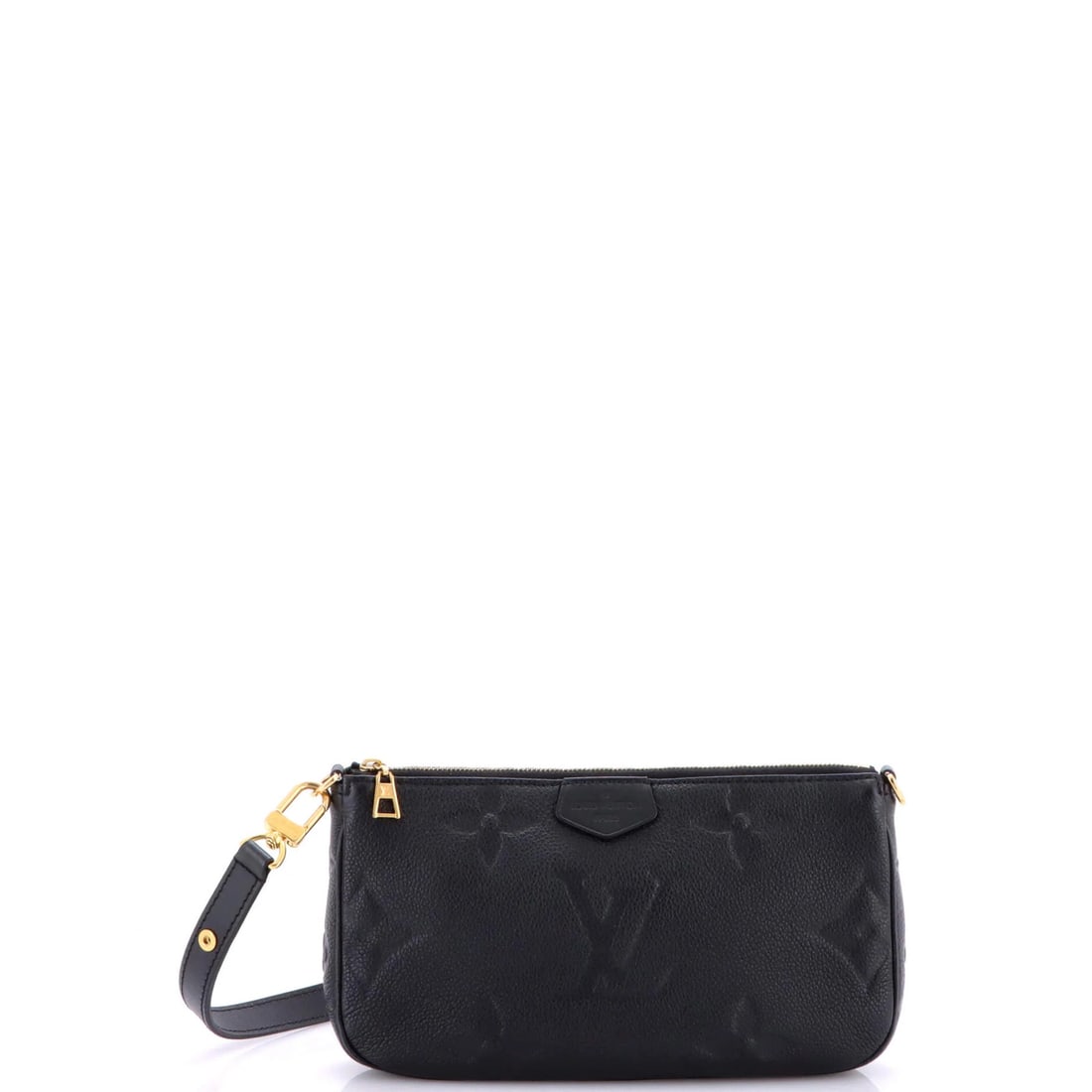 Louis Vuitton Giant Pochette Accessoires Monogram Empreinte: Louis Vuitton Giant Pochette Accessoires Monogram Empreinte Black Louis Vuitton Giant Pochette Accessoires Monogram Empreinte cross body bag with 11.5" handle drop, 18" strap drop, and gold hardware.