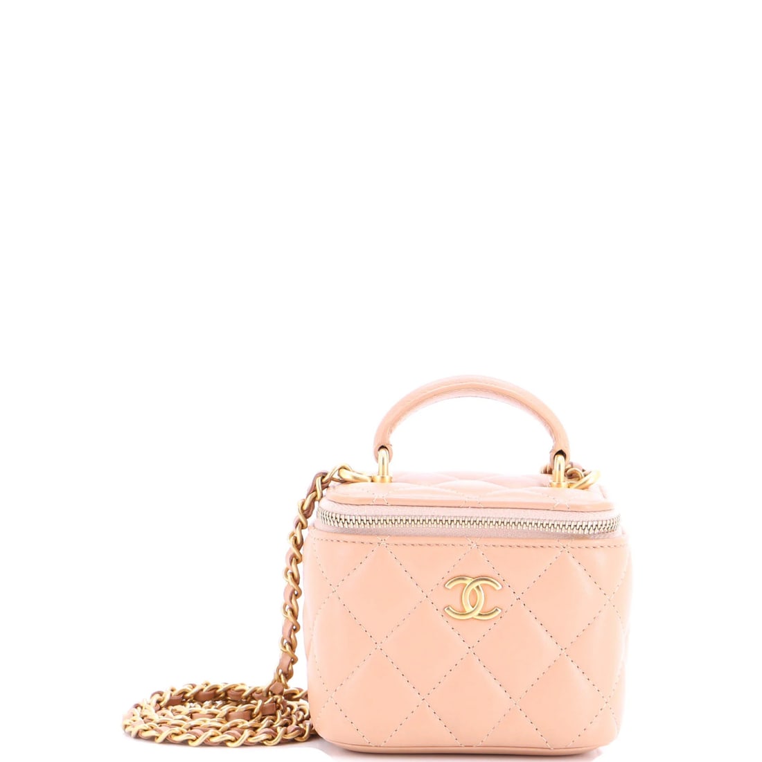 Chanel Classic Top Handle Vanity Case with Chain Quilted Lambskin Mini: Chanel Classic Top Handle Vanity Case with Chain Quilted Lambskin Mini Classic Chanel design with a timeless neutral exterior and chain quilted lambskin mini. This mini vanity case features a