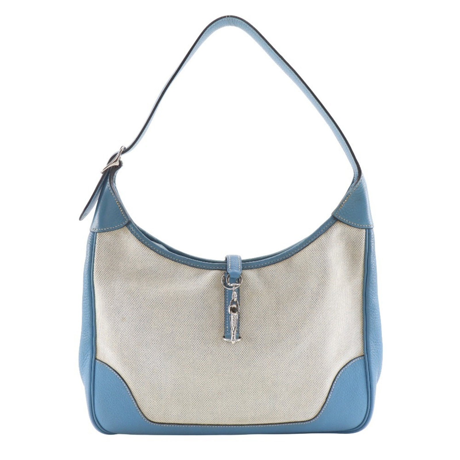 Toile Bag Shoulder Hermes: Toile Bag Shoulder Hermes Toile Bag Shoulder in Blue and Natural, featuring a zipper closure, two pockets, and adjustable strap drop. This 21cm x 31cm x 8cm shoulder bag weighs 580g and is made from