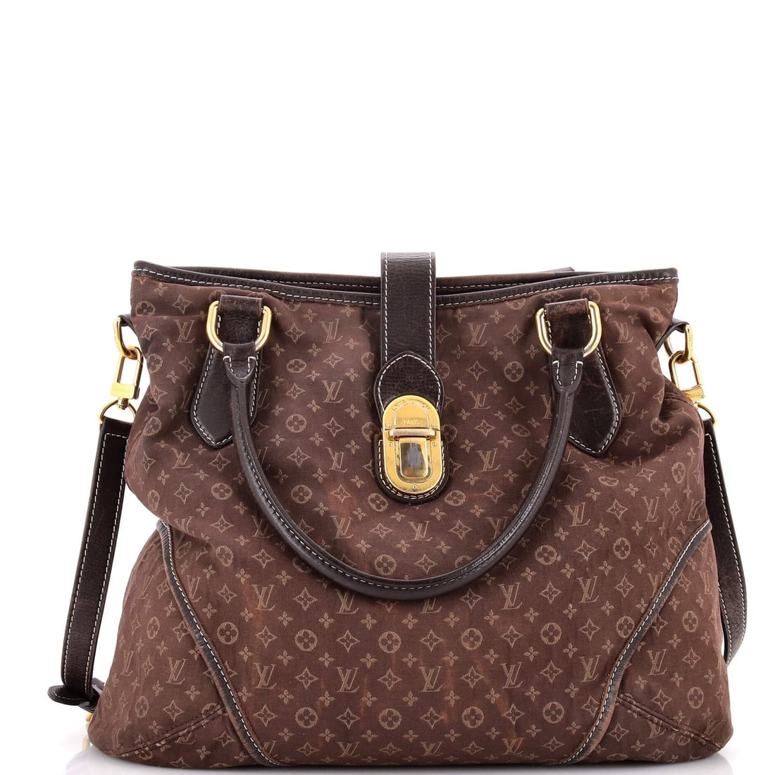 Handbag Louis Vuitton Elegie Monogram Idylle: Handbag Louis Vuitton Elegie Monogram Idylle Brown Louis Vuitton Elegie Monogram Idylle Satchel with Gold Hardware, featuring a classic canvas exterior and interior, and a sturdy gold strap.