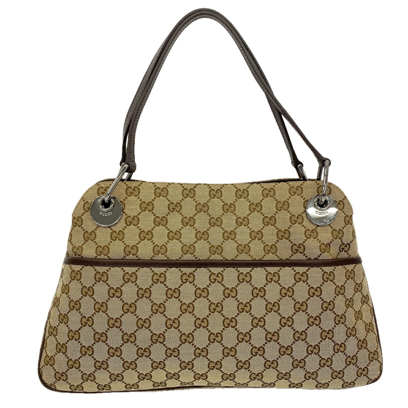 Canvas Gucci Tote Bag: Canvas Gucci Tote Bag Canvas Gucci Tote Bag in Beige with Silver Hardware. This canvas tote bag features a classic design with a beige color and silver hardware, measuring 24.5cm x 39.5cm x 7cm. The