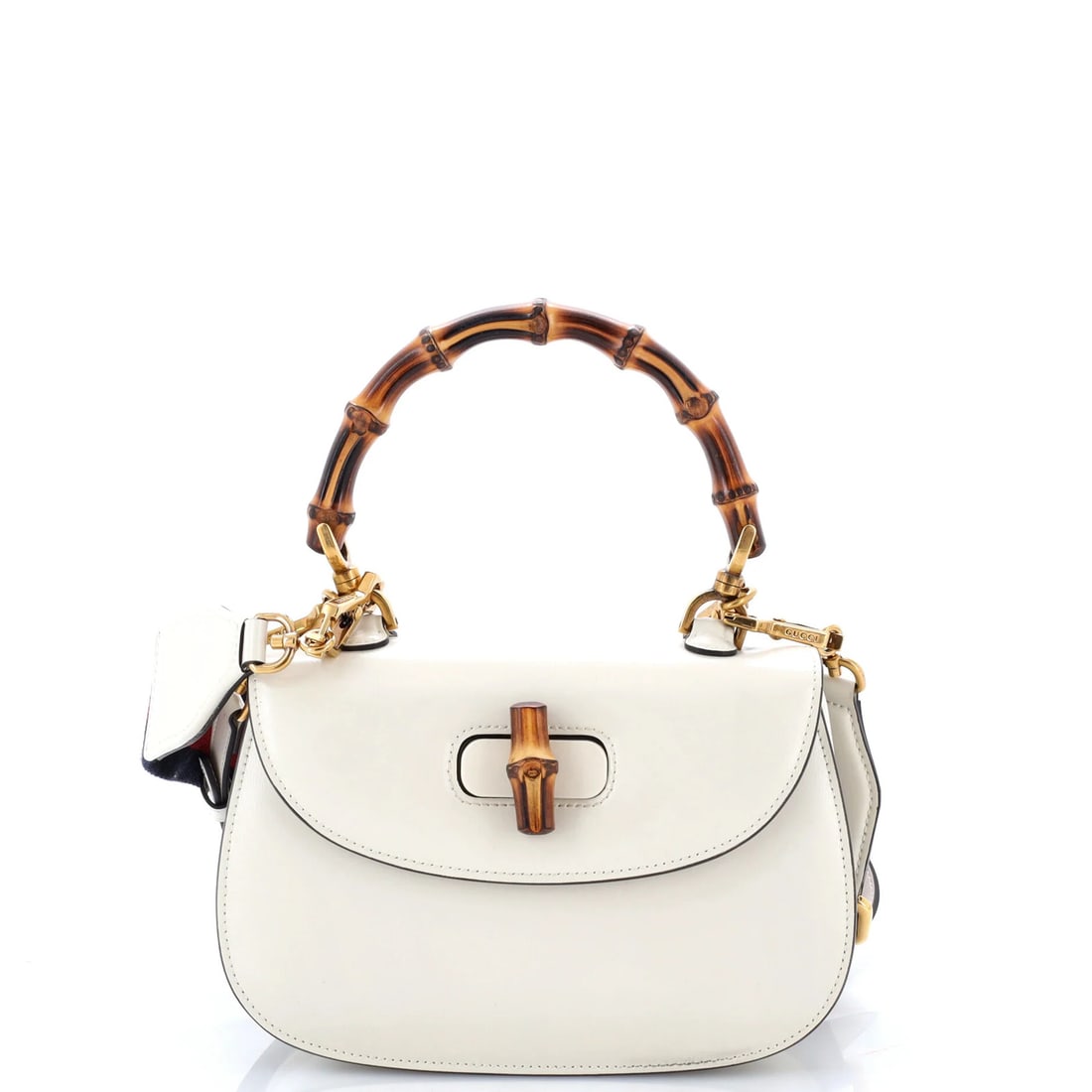 Bamboo Bag Handle 1947 Gucci Leather Small Top: Bamboo Bag Handle 1947 Gucci Leather Small Top White leather and bamboo top handle bag with neutral interior, featuring gold hardware and a classic 1947 Gucci design. Measuring 6" tall and 8.5" wide,