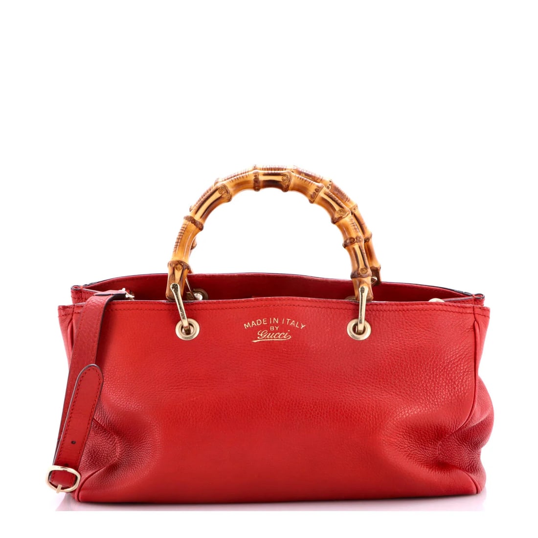 Bamboo Shopper Tote Leather Gucci Medium: Bamboo Shopper Tote Leather Gucci Medium Red leather Gucci Bamboo Shopper Tote in medium size, featuring a classic totes style with gold tone hardware. The exterior shows signs of wear, including