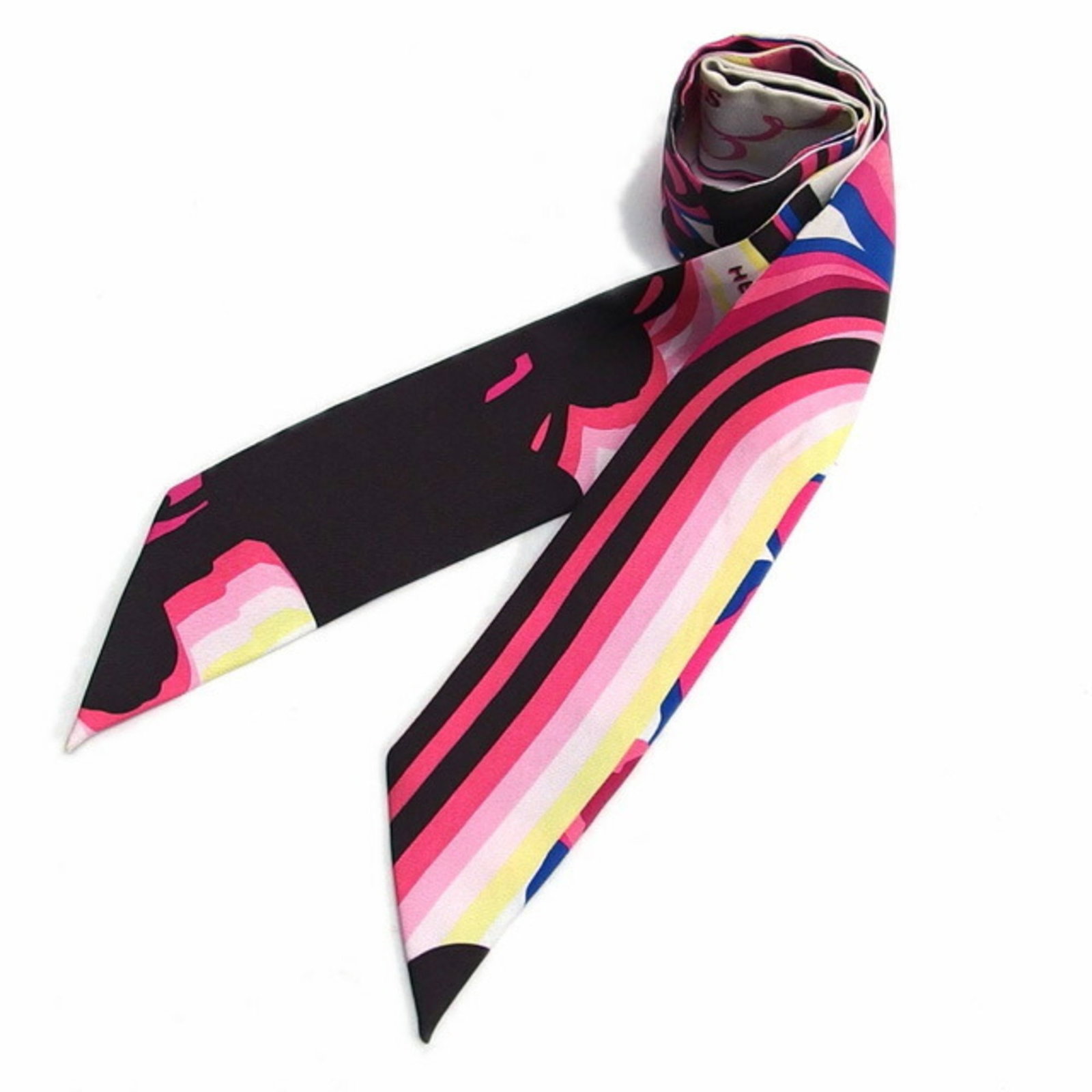 Silk Hermes Scarf 100: Silk Hermes Scarf 100 Silk from the renowned House of Hermes, this Twilly scarf boasts a sleek black design, a vibrant multi-color twist, and a delicate pink accent, all crafted from 100% high-quality