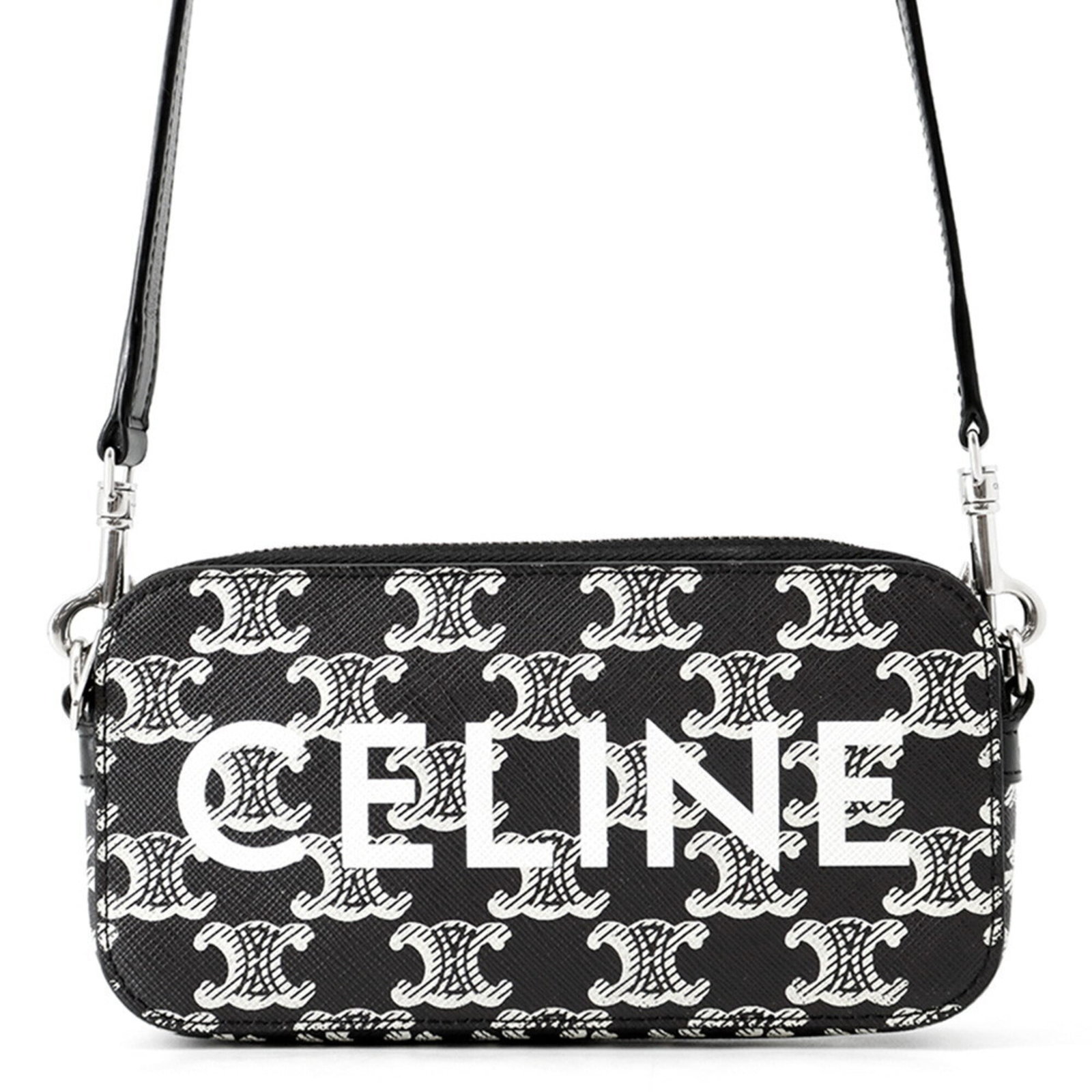 Pvc Leather Celine Shoulder Bag: Pvc Leather Celine Shoulder Bag PVC and leather combine in this sleek Celine shoulder bag, measuring 9cm x 17.5cm x 2.5cm. Crafted in Italy, this black bag features a unique blend of materials and a d