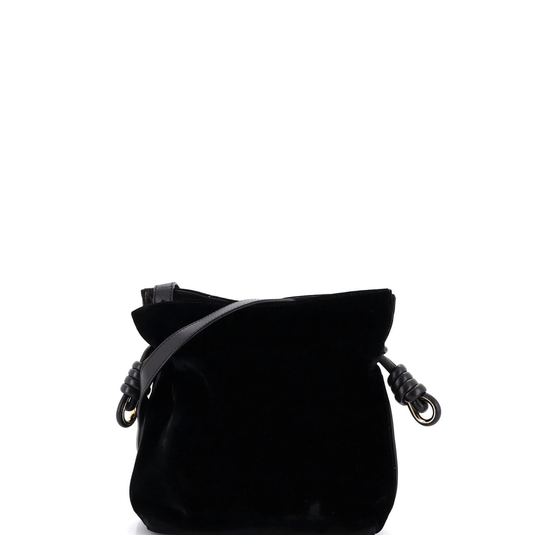 Velvet Small Flamenco Knot Loewe Bag: Velvet Small Flamenco Knot Loewe Bag Black velvet exterior, gold hardware, and a classic flamenco knot design make this small Loewe shoulder bag a stylish and sophisticated accessory. Measuring 9" in