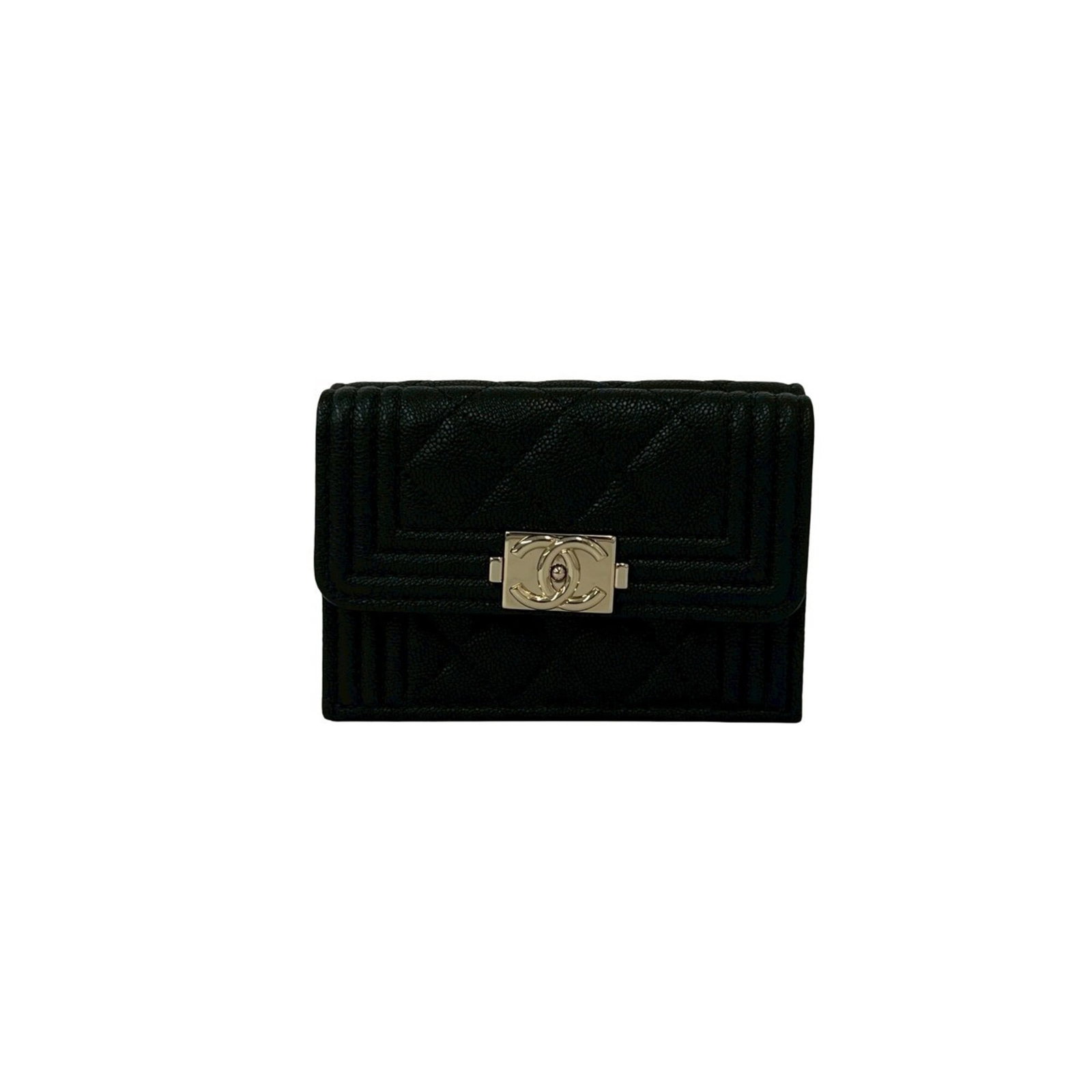 Chanel Wallet (Tri-Fold) Grained Calfskin: Chanel Wallet (Tri-Fold) Grained Calfskin Tri-fold wallet with a classic design, crafted from high-quality grained calfskin in black. The sleek and sophisticated design makes it a timeless accessory