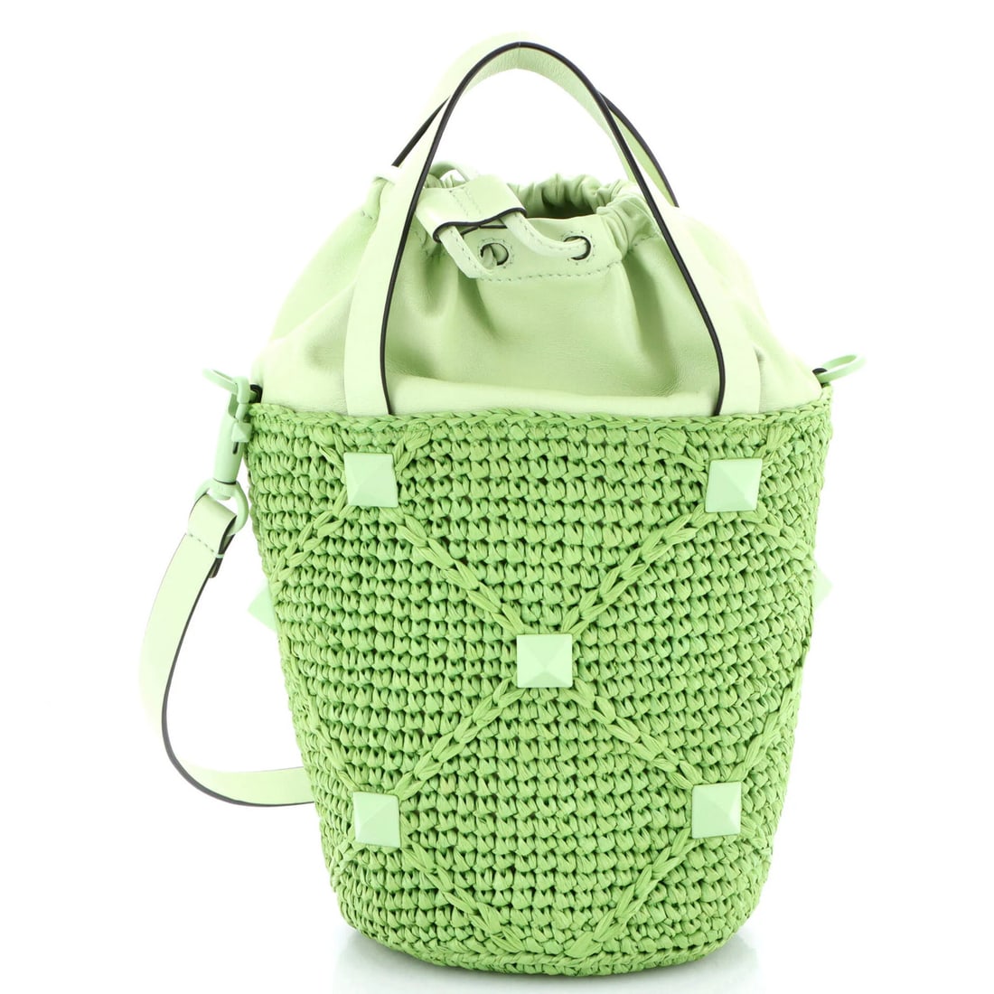 Garavani Valentino Roman Raffia Leather Bag Stud Bucket: Garavani Valentino Roman Raffia Leather Bag Stud Bucket Green Valentino Garavani Roman Raffia Leather Bucket Bag with Studs, featuring a unique blend of raffia and leather exterior, measuring 11"