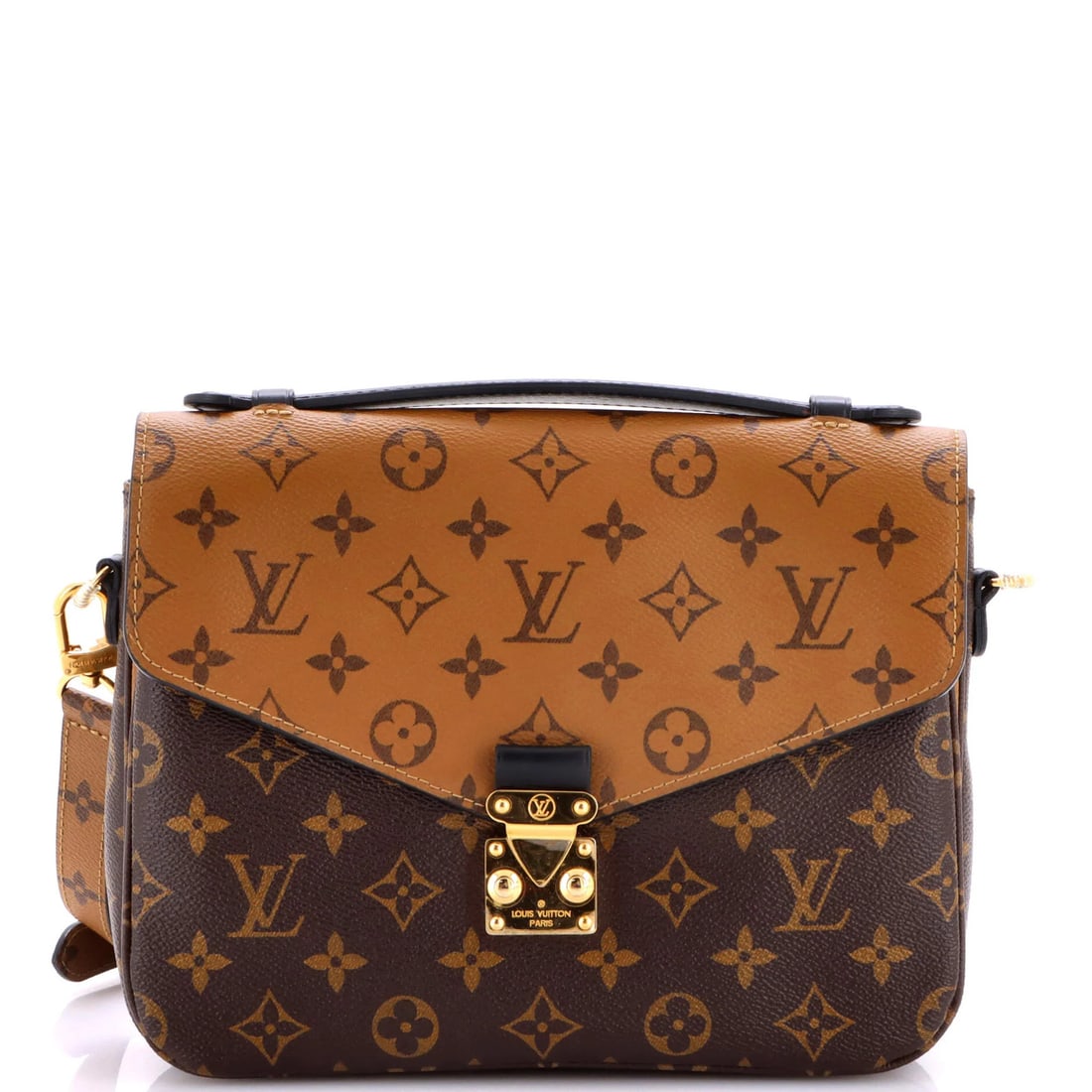 Monogram Reverse Canvas Pochette Louis Vuitton: Monogram Reverse Canvas Pochette Louis Vuitton Brown Monogram Reverse Canvas Pochette with Gold Hardware, featuring a cross body design and repainted wax edges, measures 8" tall, 9.5" wide, and 3"