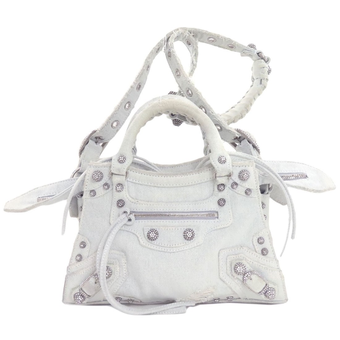 Neo Cagoule Xs 2Way Handbag Denim Balenciaga 70940: Neo Cagoule Xs 2Way Handbag Denim Balenciaga 70940 Blue denim Balenciaga handbag with 2-way closure, featuring a unique design. This Neo Cagoule Xs 2Way handbag is made from high-quality denim and