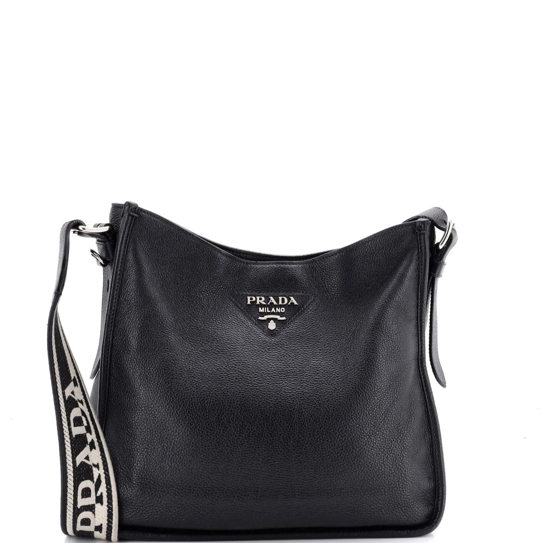 Strap Crossbody Bag Logo Prada Vitello Daino Medium: Strap Crossbody Bag Logo Prada Vitello Daino Medium Black leather strap crossbody bag with logo from Prada's Vitello Daino collection, featuring a medium size with 10.5" height, 12" width, and 3" dept