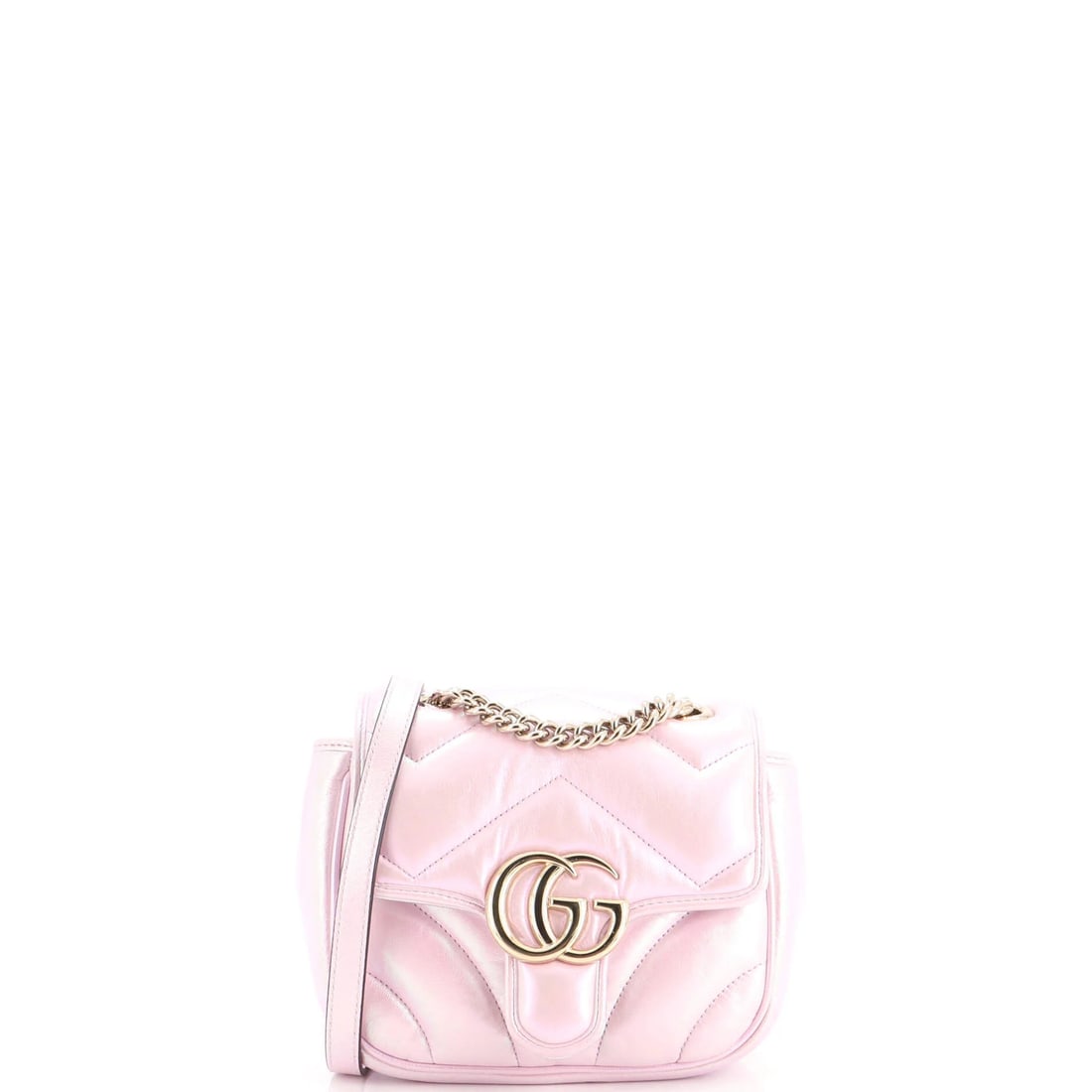 Chevron Iridescent Leather Mini Flap Bag Marmont Square Gucci GG: Chevron Iridescent Leather Mini Flap Bag Marmont Square Gucci GG Pink Iridescent Leather Mini Flap Bag with Chevron Details. This Gucci GG Marmont Square Flap Bag features a striking pink exterior wit