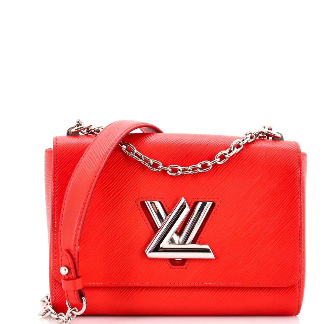 Louis Vuitton Twist Handbag Epi Leather MM: Louis Vuitton Twist Handbag Epi Leather MM The Louis Vuitton Twist Handbag Epi Leather MM is a stylish cross body bag with a bold red exterior, featuring scuffs, corner wear, and minor creases.