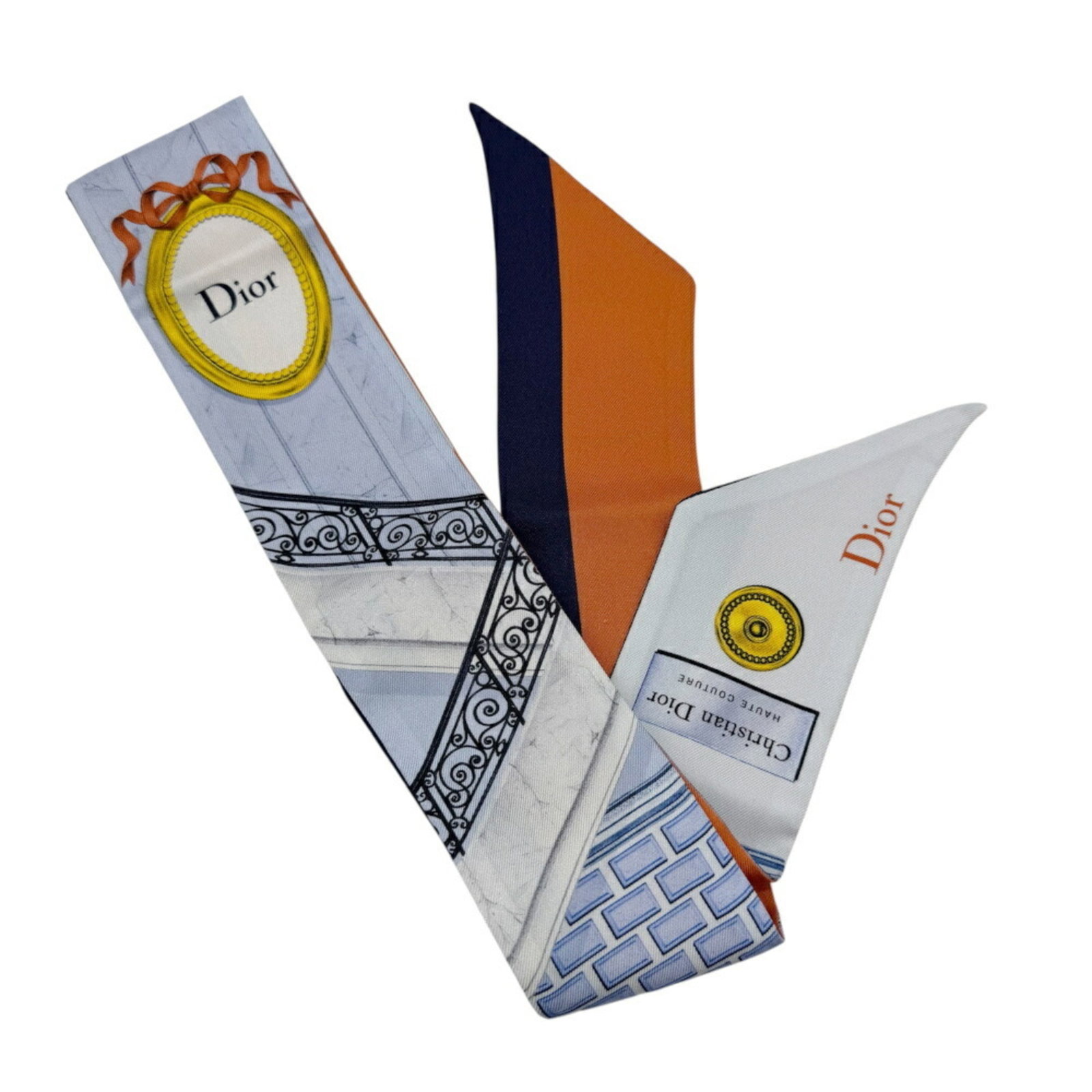 Silk Scarf by Christian Dior: Silk Scarf by Christian Dior Silk Scarf by Christian Dior features a vibrant blue and orange color combination, showcasing the iconic fashion brand's signature style. Made from high-quality silk, this