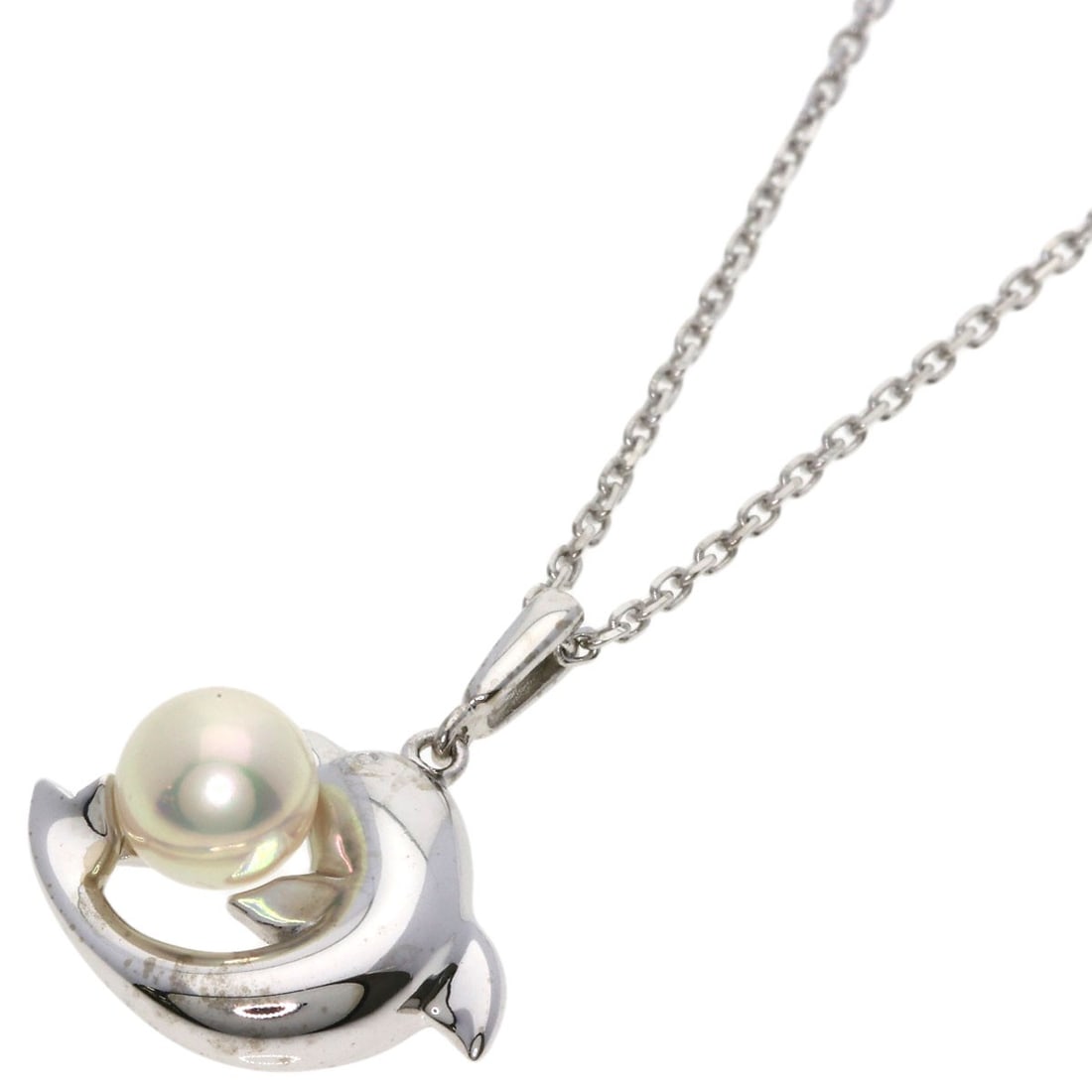 Dolphin Motif Pearl Necklace Mikimoto White Gold K18: Dolphin Motif Pearl Necklace Mikimoto White Gold K18 K18 White Gold Mikimoto Pearl Necklace with a striking dolphin motif, set against a sleek silver metal background. The necklace boasts a 14.9-inch