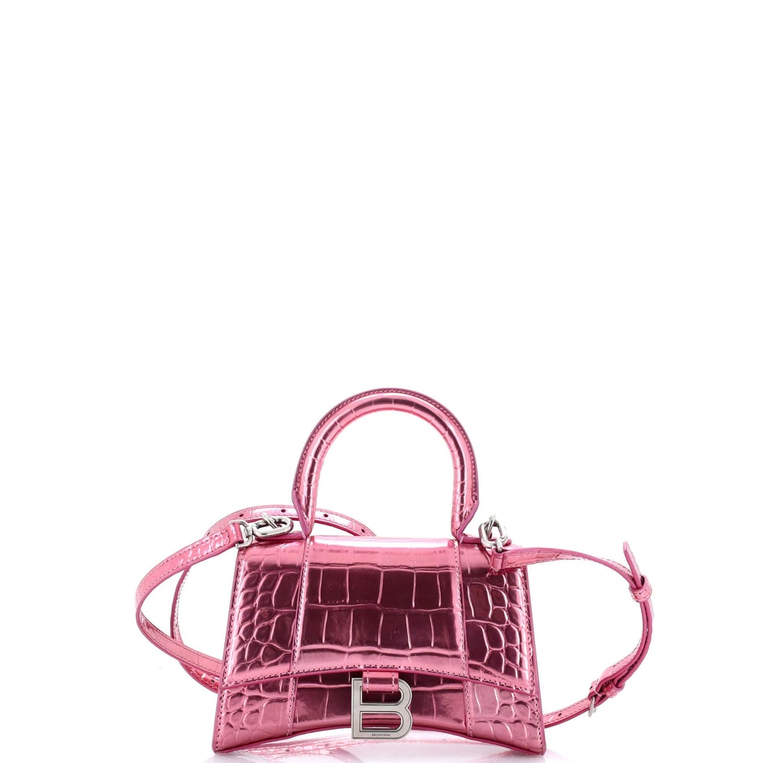 XS Crocodile Embossed Leather Top Handle Bag Hourglass Balenciaga: XS Crocodile Embossed Leather Top Handle Bag Hourglass Balenciaga XS Crocodile Embossed Leather Top Handle Bag Balenciaga features a striking metallic exterior with a pink interior, adorned with