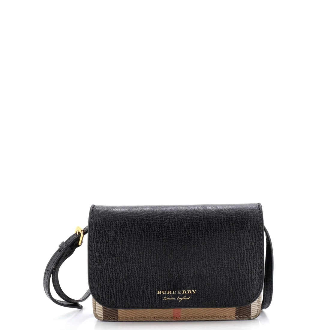 Hampshire House Check Leather Wallet on Chain Canvas: Hampshire House Check Leather Wallet on Chain Canvas Black canvas exterior with heavy fraying on the back pocket opening edge and cracking throughout, this Burberry Hampshire House Check Leather