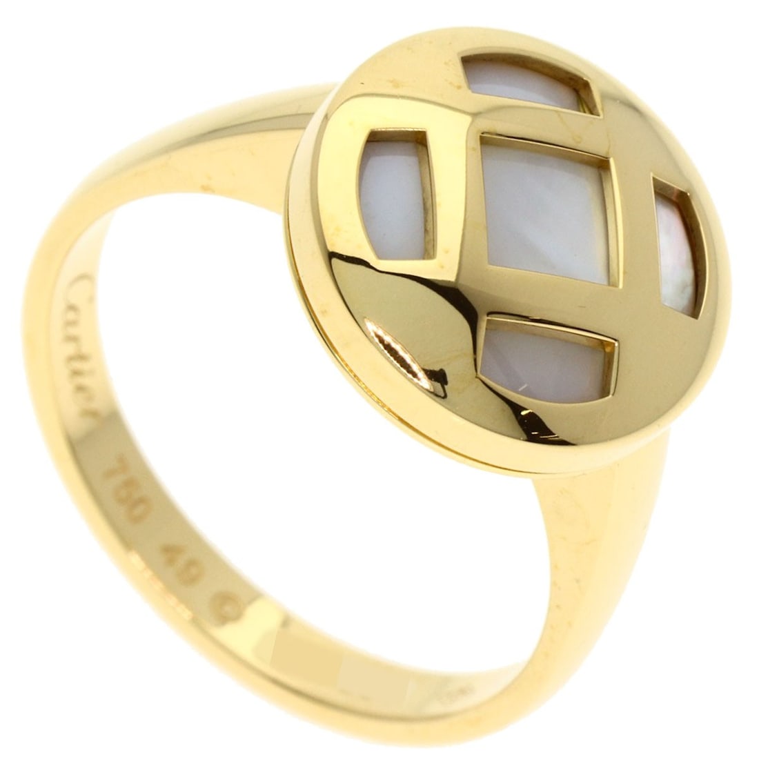 White Shell K18 Gold Ring Pasha Cartier #49: White Shell K18 Gold Ring Pasha Cartier #49 K18 gold provides a luxurious and durable base for this elegant white shell ring, showcasing a sophisticated gold tone. The ring's classic design, exemplifi