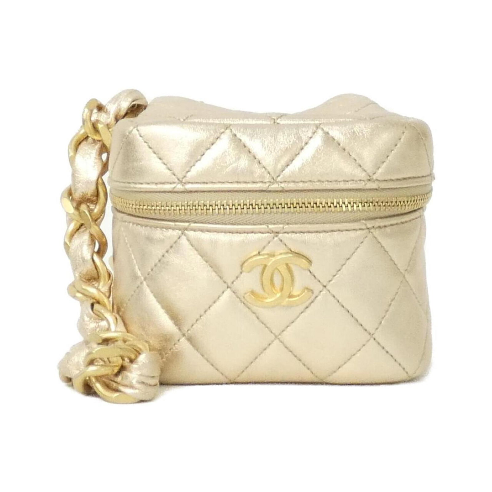 Chanel Leather Pouch Handbag: Chanel Leather Pouch Handbag Chanel's iconic leather pouch handbag boasts a sleek 10cm x 10cm x 11cm design, making it a stylish and compact accessory. Crafted from high-quality leather, this petite