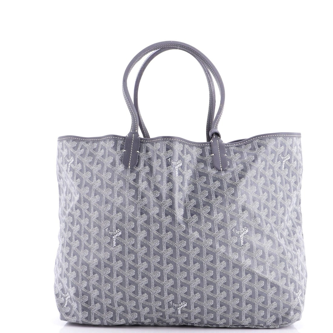 Saint Louis Tote Goyard Coated Canvas PM: Saint Louis Tote Goyard Coated Canvas PM Gray Goyard Coated Canvas Saint Louis Tote PM, featuring a classic design with a canvas exterior and neutral interior, measures 11" high, 13" wide, and 6"
