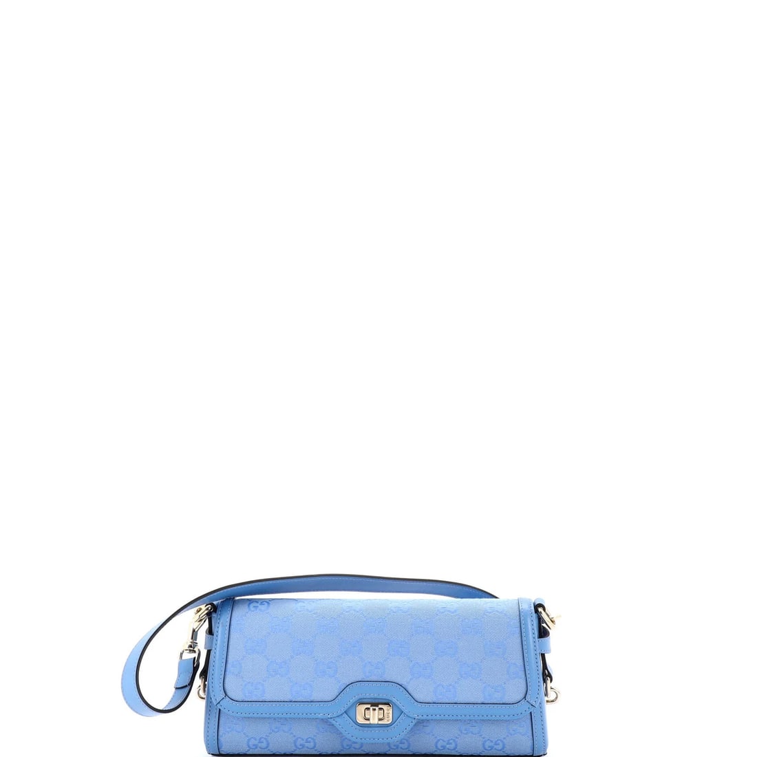 Gucci Small Canvas Luce Shoulder Bag: Gucci Small Canvas Luce Shoulder Bag The Gucci Small Canvas Luce Shoulder Bag boasts a sleek, blue canvas exterior with gold tone hardware, adding a touch of sophistication to any outfit. Measuring