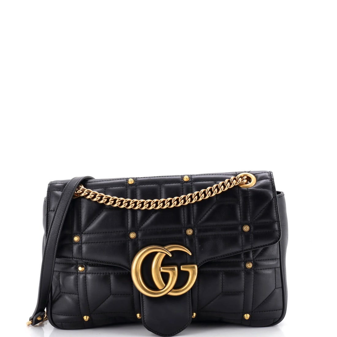 Gucci GG Marmont Flap Bag Studded Matelasse Leather Medium: Gucci GG Marmont Flap Bag Studded Matelasse Leather Medium Studded with aged gold hardware, this Gucci GG Marmont Flap Bag boasts a striking studded matelasse leather exterior in black. The medium siz