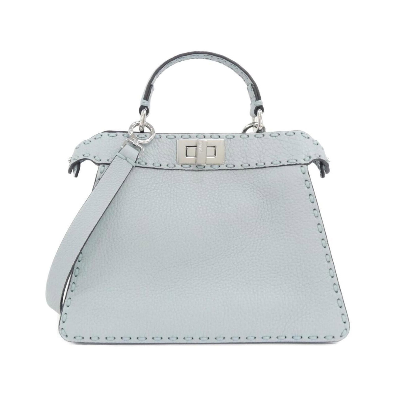Handbag Leather Fendi: Handbag Leather Fendi Light blue Fendi handbag made from high-quality calfskin leather, featuring silver hardware and a sleek design. The bag measures 21cm x 27cm x 1cm and has a classic, timeless loo