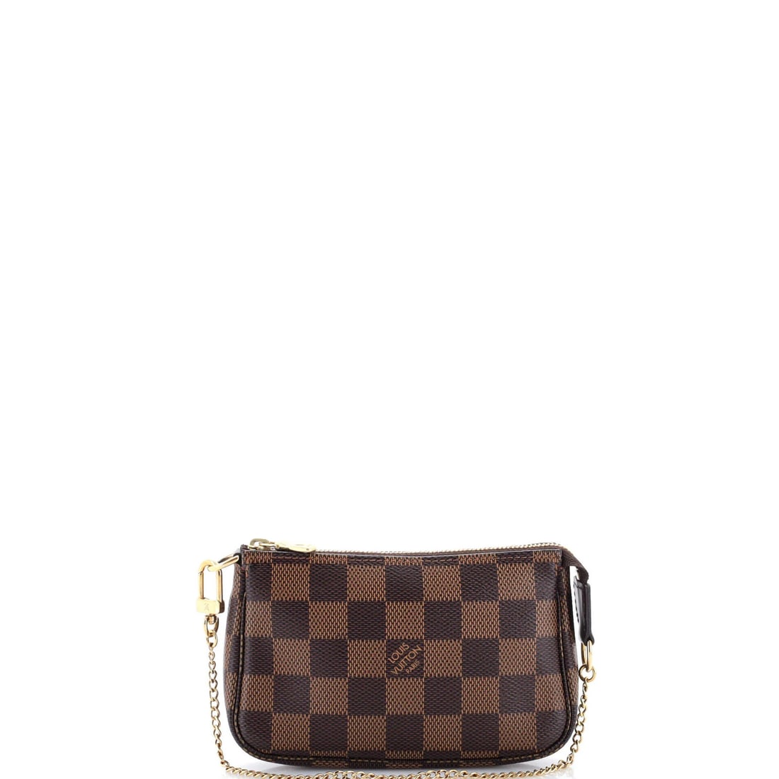 Vuitton Pochette Mini Accessoires Damier Louis: Vuitton Pochette Mini Accessoires Damier Louis Brown canvas coated Louis Vuitton Pochette Mini Accessoires Damier Mini features a classic design with a 6.5" handle drop and 6.5" strap drop. The exteri