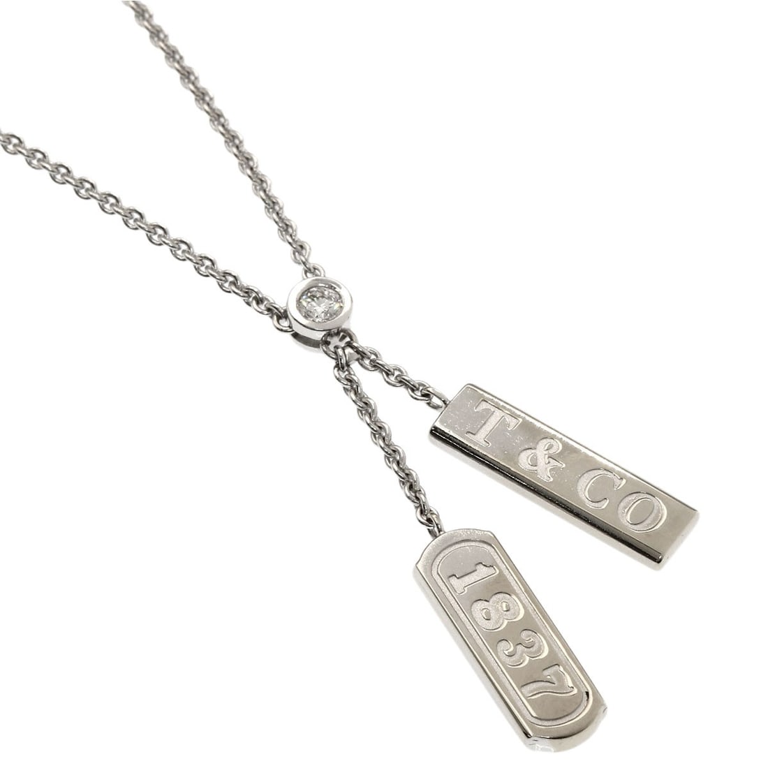 Tiffany&Co. 1837 Double Bar 1P Diamond Necklace K18 White Gold: Tiffany&Co. 1837 Double Bar 1P Diamond Necklace K18 White Gold Tiffany&Co.'s 1837 Double Bar 1P Diamond Necklace is a masterpiece of elegance, featuring a K18 White Gold setting and a stunning diamond