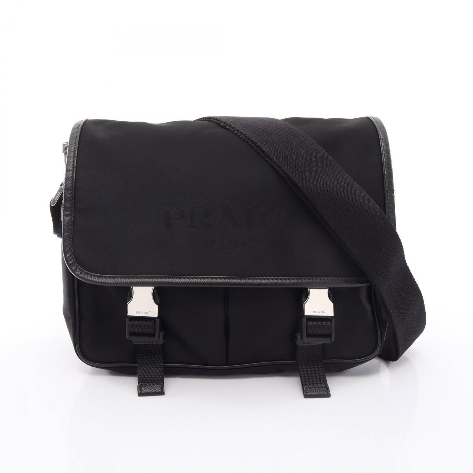 Handbag Nylon Leather Bag Prada Shoulder: Handbag Nylon Leather Bag Prada Shoulder Saffiano leather, a signature material known for its durability and sleek look, is used in this Prada shoulder bag. The bag's black color and 22cm x 25cm x