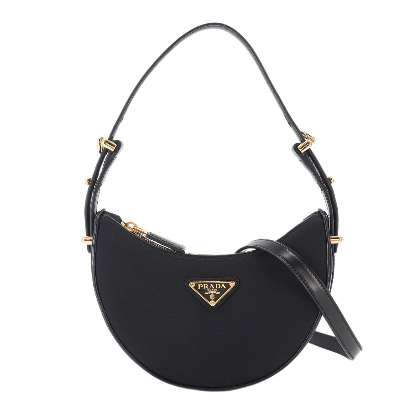 Handbag Nylon Leather Prada: Handbag Nylon Leather Prada Black Prada Handbag with Gold Hardware and Open Pocket. This sleek 11cm x 20cm x 5cm handbag features a striking combination of nylon and leather materials, accompanied by 
