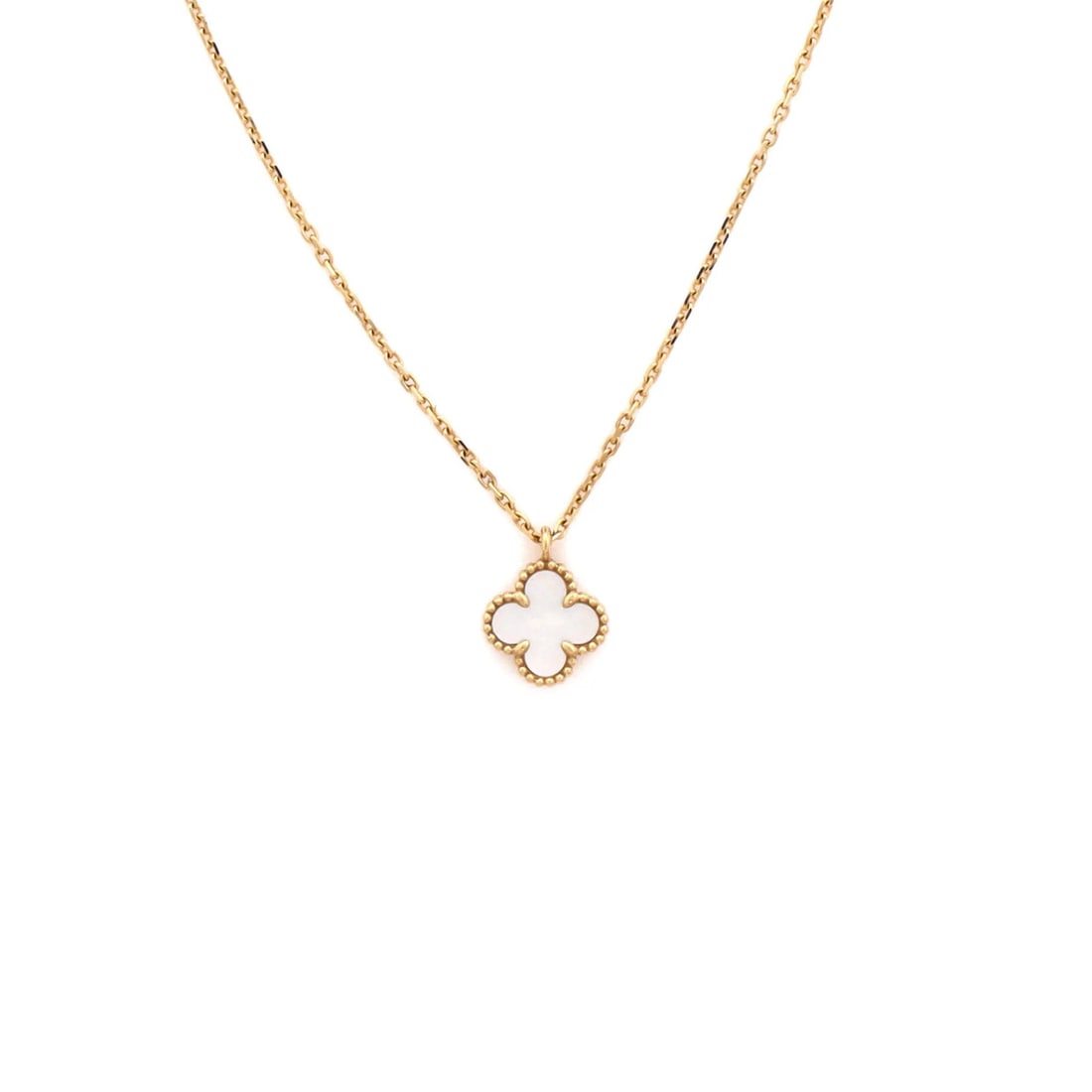 Alhambra Pendant Necklace 18K Yellow Gold Van Cleef & Arpels Mother: Alhambra Pendant Necklace 18K Yellow Gold Van Cleef & Arpels Mother 18K Yellow Gold Alhambra Pendant Necklace by Van Cleef & Arpels features a delicate 11.60mm pendant adorned with mother of pearl, su