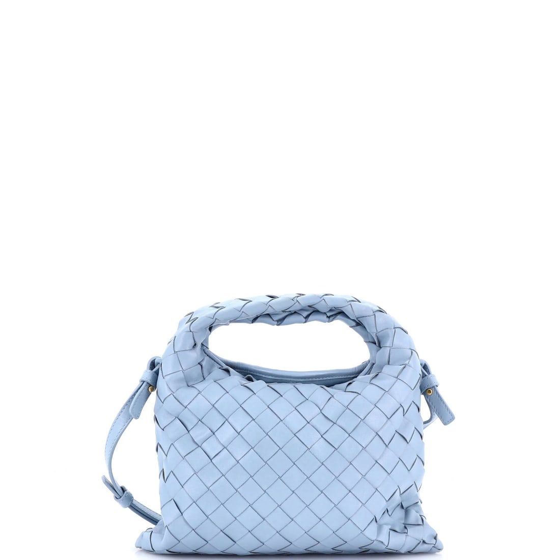 Veneta Hop Intrecciato Mini Top Bag Nappa: Veneta Hop Intrecciato Mini Top Bag Nappa The Veneta Hop Intrecciato Mini Top Bag Nappa boasts a stunning blue exterior with intricate intrecciato patterns, crafted from high-quality leather.