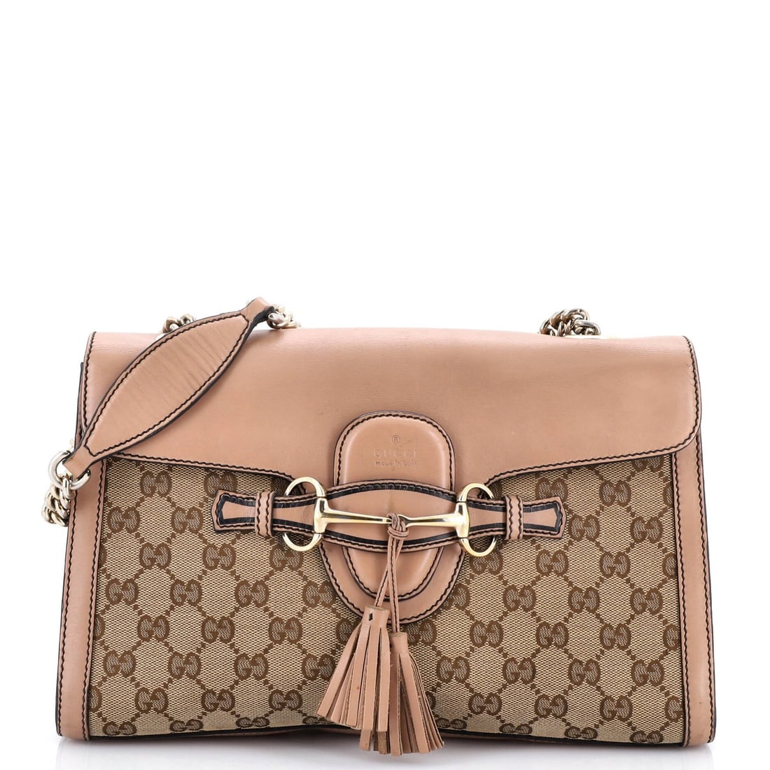 Emily Chain Flap Shoulder Bag Canvas Leather Medium Gucci: Emily Chain Flap Shoulder Bag Canvas Leather Medium Gucci This Gucci Emily Chain Flap Shoulder Bag features a timeless design with a medium size and a versatile combination of leather and canvas
