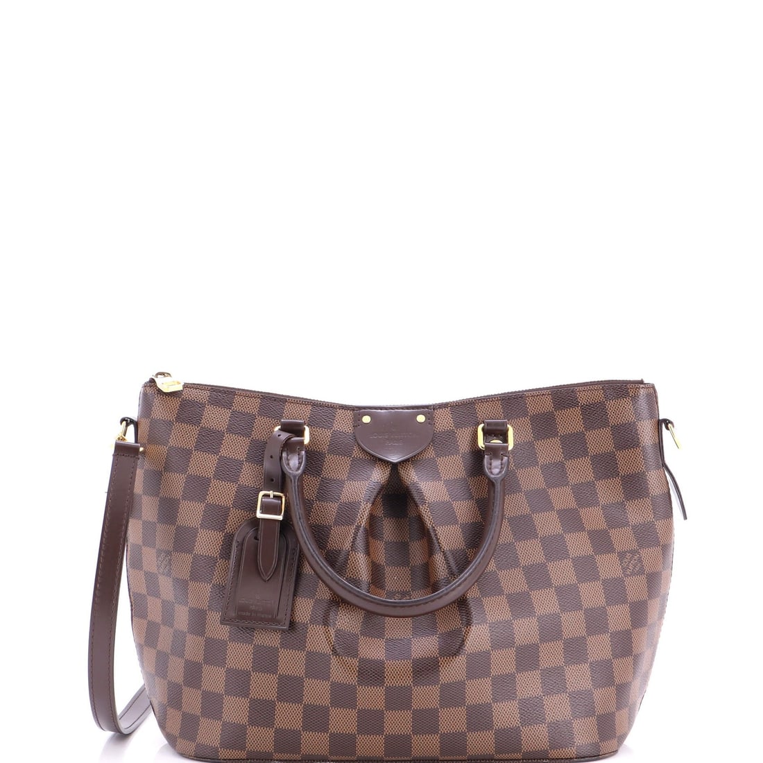 Damier MM Louis Vuitton Siena Handbag: Damier MM Louis Vuitton Siena Handbag Brown Damier MM Louis Vuitton Siena Handbag with minor scuffs and creases, featuring a canvas-coated exterior and red fabric interior, measures 9.5" tall and 11"