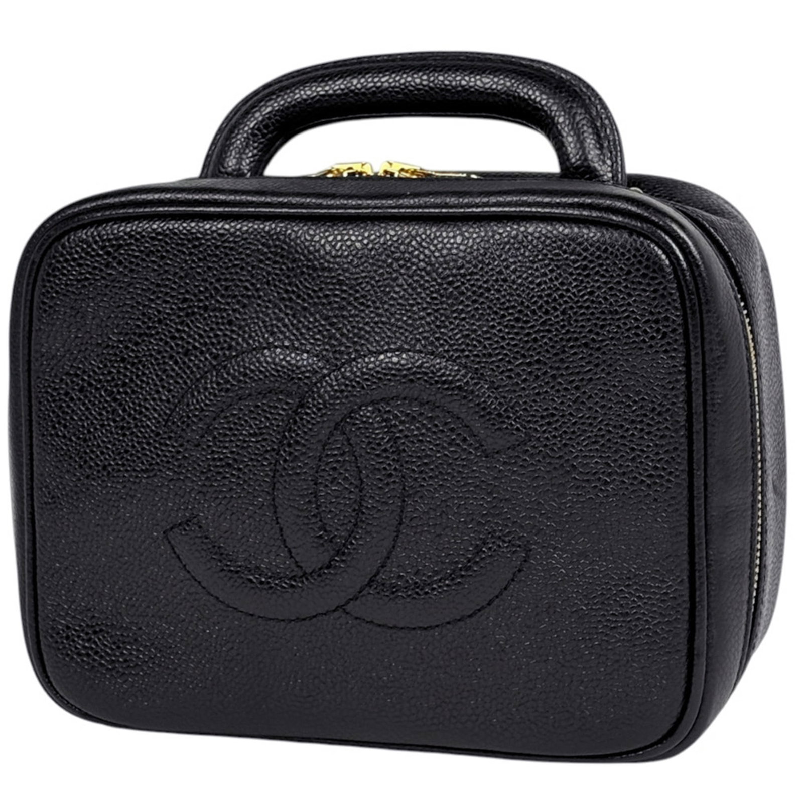 Chanel Pouch Vanity Bag Grained Calfskin: Chanel Pouch Vanity Bag Grained Calfskin Chanel's iconic Pouch Vanity Bag is crafted from luxurious Grained Calfskin, adding a touch of sophistication to any outfit. Measuring 15cm x 19cm x 9cm, this