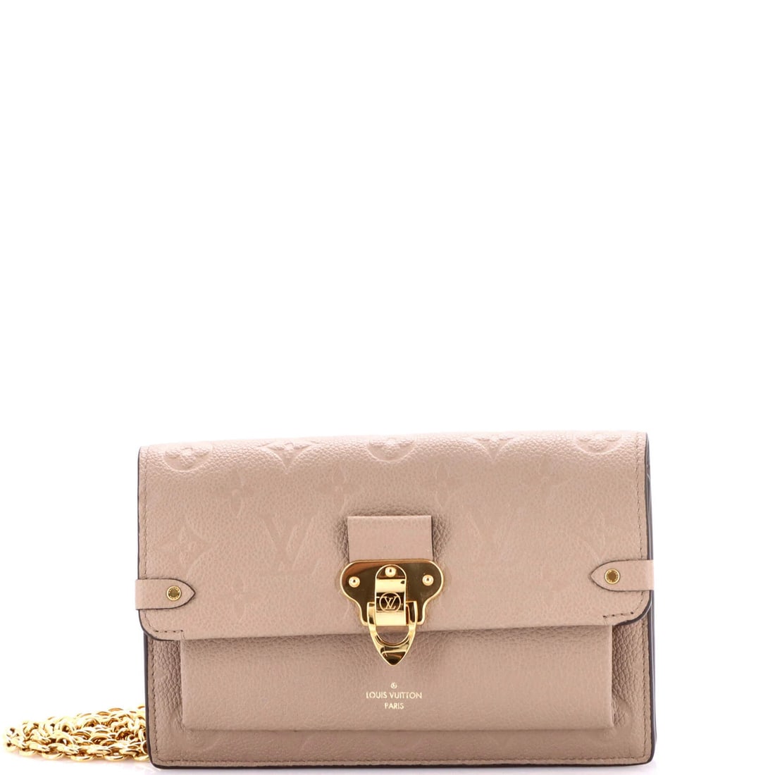 Vuitton Louis Chain Wallet Monogram Leather Empreinte Vavin NM: Vuitton Louis Chain Wallet Monogram Leather Empreinte Vavin NM The Louis Vuitton Vavin Chain Wallet Monogram Leather Empreinte features a neutral exterior with minor scuffs and creases, and a gold har
