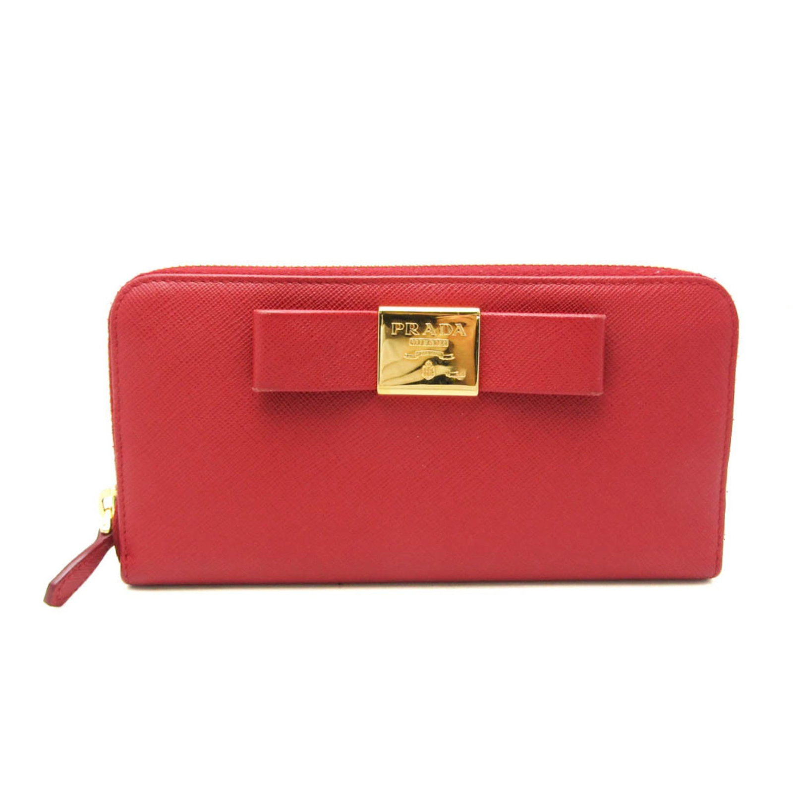 Prada Long Wallet (Bi-Fold) Leather: Prada Long Wallet (Bi-Fold) Leather Red Saffiano Fiocco Prada Long Wallet for Women, 10cm x 20cm x 2.5cm, featuring a bi-fold design with a small pilling on the opening and closing canvas part. Made f