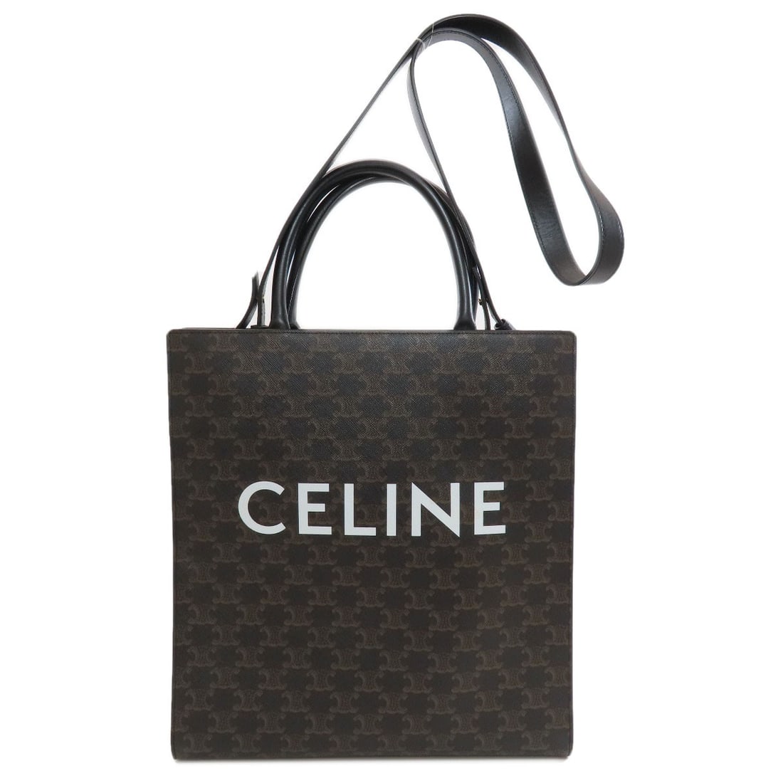 Cabas Triomphe Pvc Celine Tote Vertical 2Way Bag: Cabas Triomphe Pvc Celine Tote Vertical 2Way Bag Brown Cabas Triomphe PVC Celine Tote Bag with a vertical 2-way design, standing 13.8 inches tall and 3.1 inches deep, features a sturdy PVC exterior an