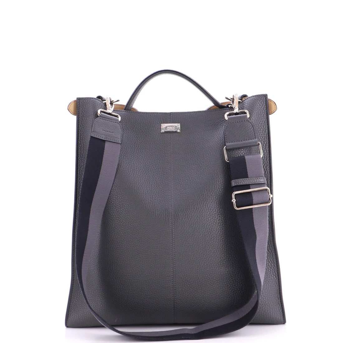 Fendi Peekaboo X Lite Leather Bag: Fendi Peekaboo X Lite Leather Bag The Fendi Peekaboo X Lite Leather Bag is a stylish and versatile top handle bag with a sleek gray leather exterior. Measuring 15" tall, 14" wide, and 3" deep, this