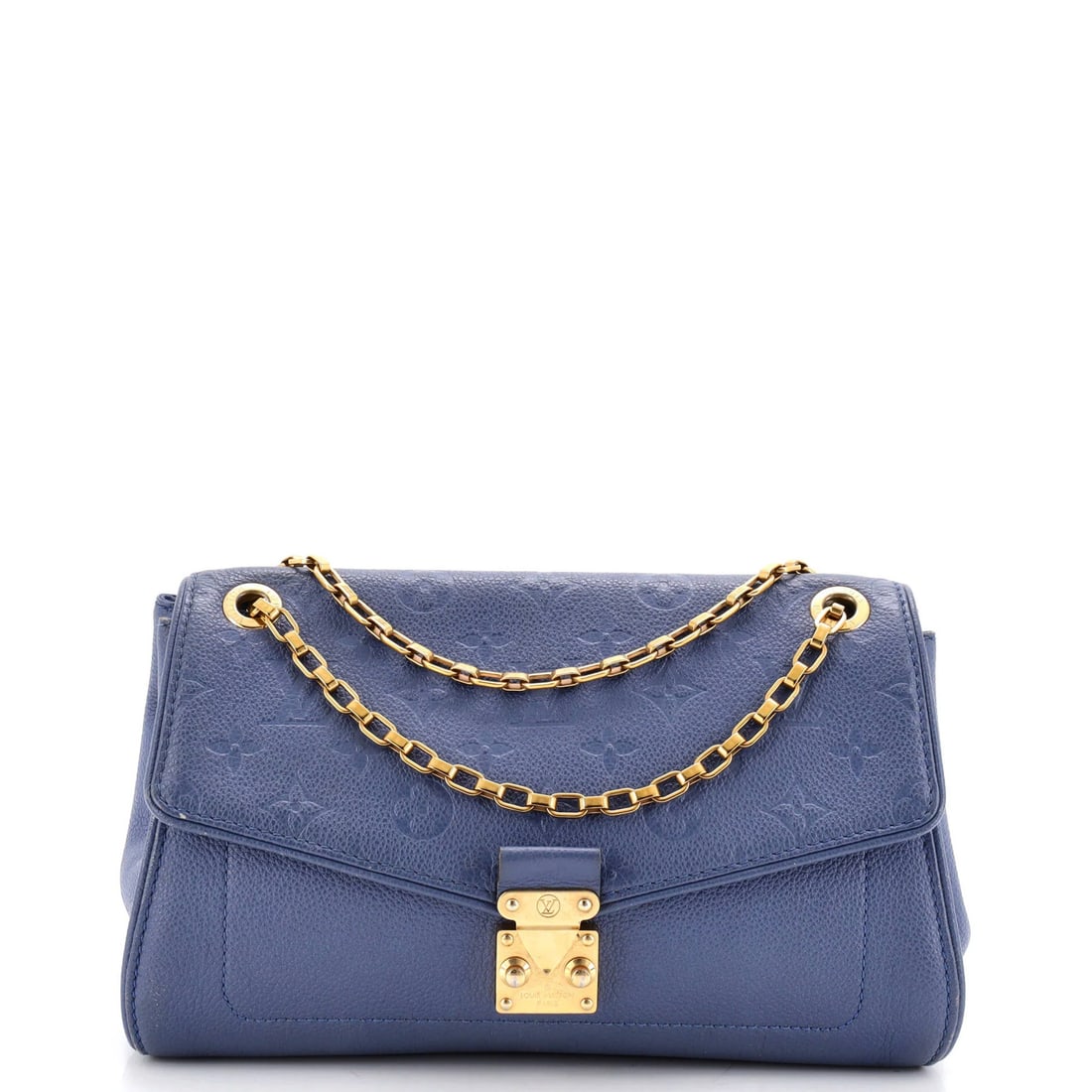 Handbag Monogram Leather Empreinte PM Saint Louis Vuitton: Handbag Monogram Leather Empreinte PM Saint Louis Vuitton Blue Saint Louis Vuitton Handbag Monogram Empreinte Leather PM features a heavy edge wear, scuffs, corner wear, and discoloration on its