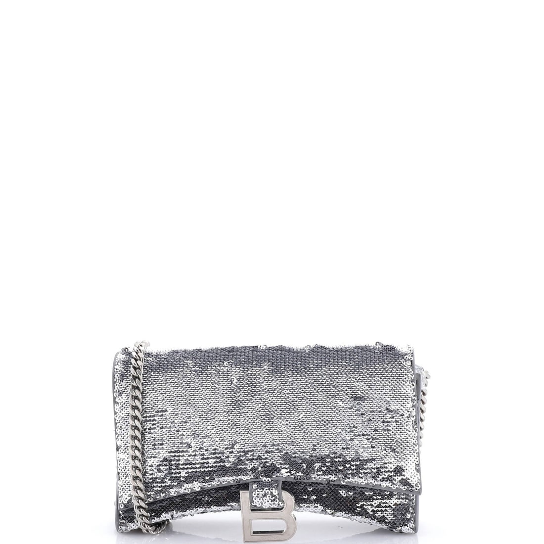 Hourglass Chain Leather Wallet with Sequins: Hourglass Chain Leather Wallet with Sequins The Balenciaga Hourglass Chain Leather Wallet with Sequins boasts a striking exterior featuring silver sequins, adding a touch of glamour to any outfit.
