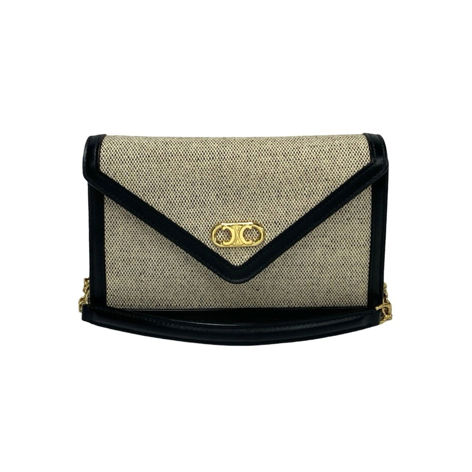 Canvas Leather Celine Pochette Bag: Canvas Leather Celine Pochette Bag Canvas Leather Celine Pochette Bag, a sleek and understated shoulder bag, boasts a canvas and leather construction in black and ivory hues. The pochette's compact