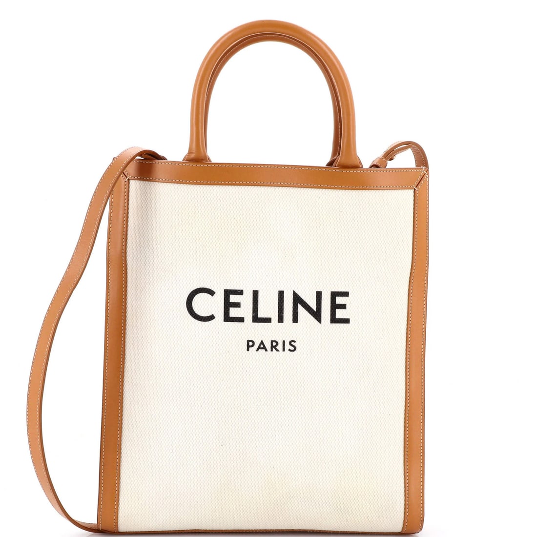 Canvas tote cabas vertical with leather small Celine: Canvas tote cabas vertical with leather small Celine Canvas tote cabas vertical with leather small Celine, featuring a classic design with a brown canvas exterior and gold hardware. This small tote