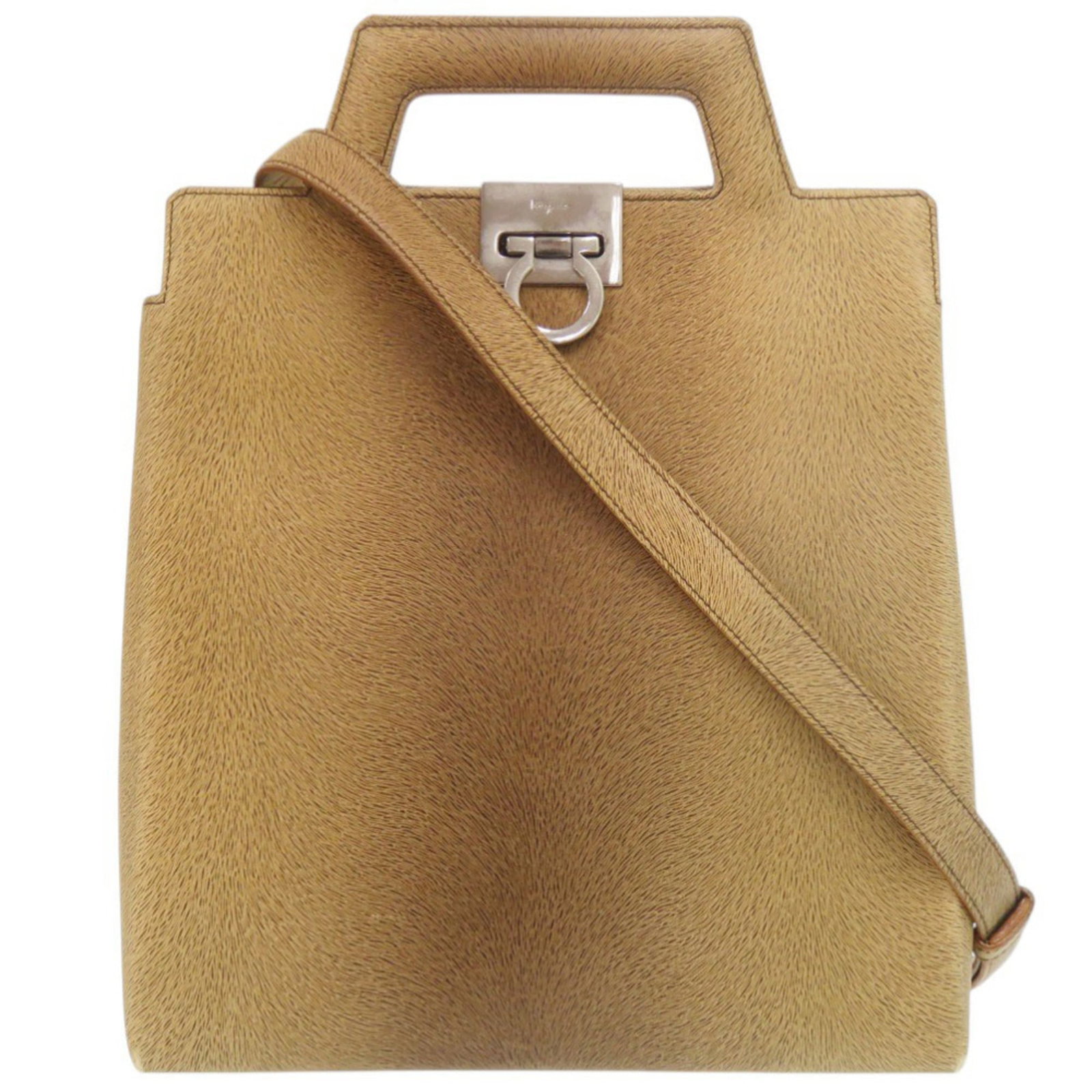 Salvatore Ferragamo Handbag Leather: Salvatore Ferragamo Handbag Leather Brown Salvatore Ferragamo leather handbag with a zipper pocket, measuring 25.5cm x 24cm x 10cm, offering a classic and elegant design. Made from high-quality
