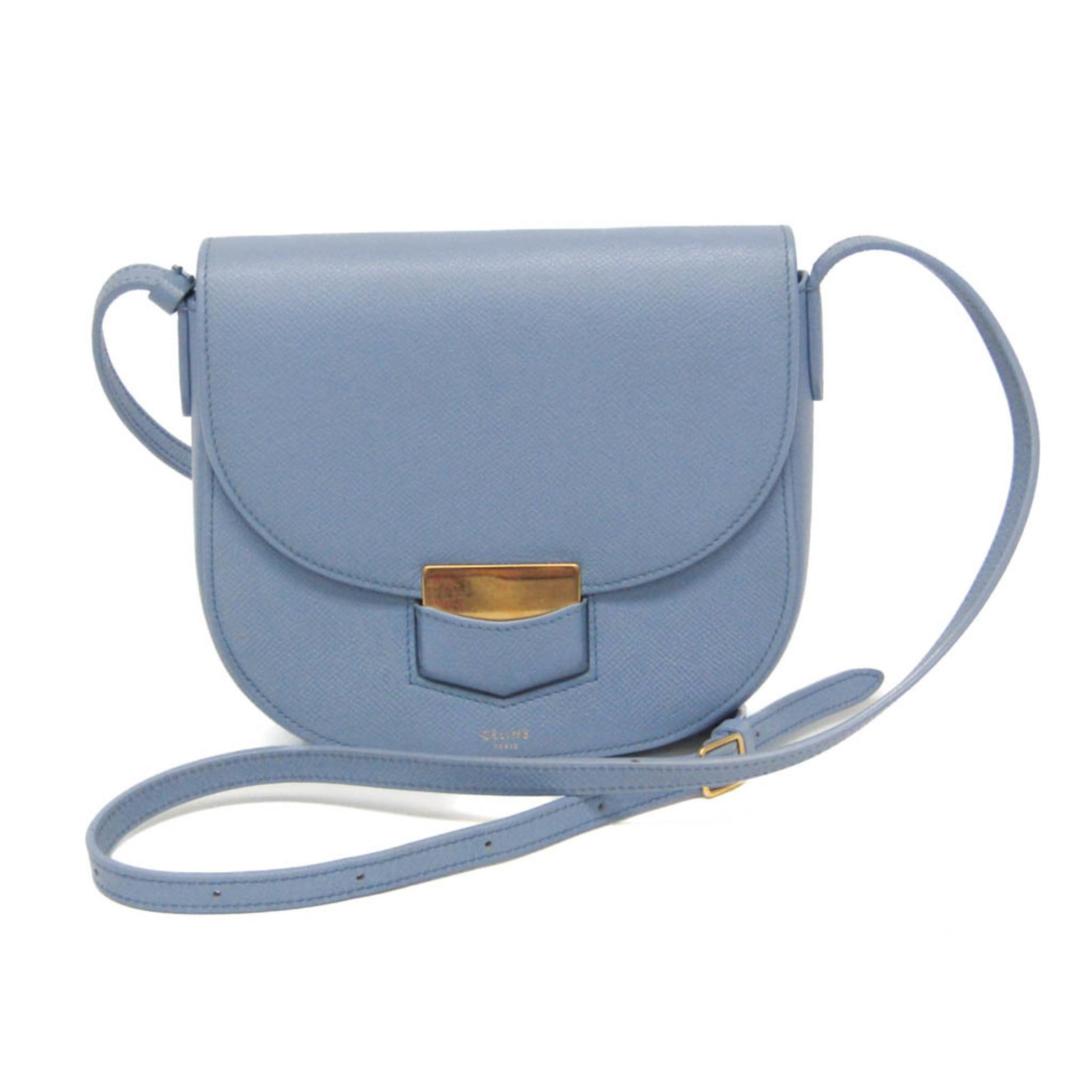 Shoulder Bag Leather Celine: Shoulder Bag Leather Celine Light blue calfskin leather shoulder bag with gold hardware, featuring a flap closure, adjustable strap, and multiple pockets for organization. This Celine Trotter Medium