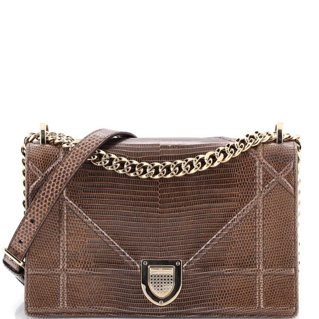 Dior Diorama Flap Lizard Bag Medium: Dior Diorama Flap Lizard Bag Medium The Diorama Flap Lizard Bag Medium boasts a striking lizard exterior in rich brown, adding a touch of exotic elegance to any outfit. With its medium size and